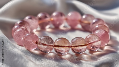 Elegant polished 13mm rose quartz beaded bracelet on luxurious white satin fabric, smooth translucent pink stones arranged in perfect circle with soft dramatic folds and diffused natural lighting
