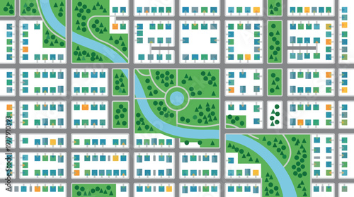 Aerial View City Map Vector Illustration with Urban Planning Grid, Residential Buildings, Green Parks, and River