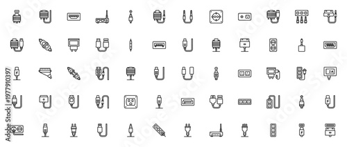 Connectors & Cables icon set. Vector illustration includes DVI, USB, HDMI, SATA, Router, Socket, Plug, Jack, Charger, Cable, Magsafe and more.