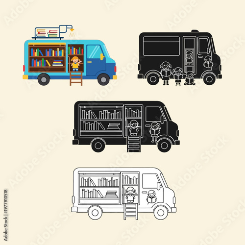 Four illustrations of book mobile trucks with children and books on shelves in different colors and styles  educational vehicle for kids