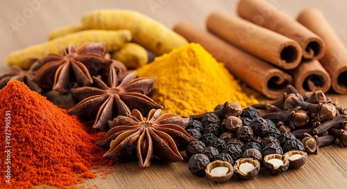 Assortment of vibrant spices including turmeric cinnamon star anise