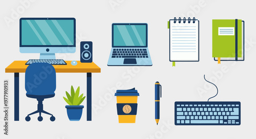 Modern Office Workspace Flat Design: Computer, Laptop, Desk, Coffee, Notebooks