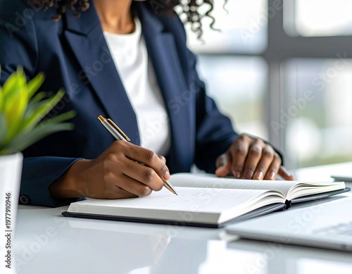 Professional African American Woman Writing in Notebook at Desk.