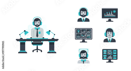 Man with Headphones at Desk with Monitors - Broadcast Studio Concept