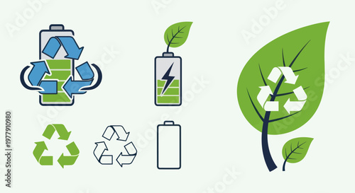 Green energy, recycling battery icons, leaf and nature concept, eco friendly power