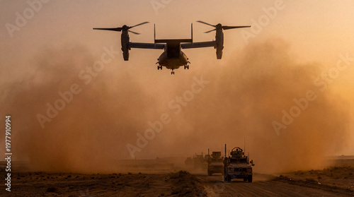 Photos Military Osprey aircraft flying low over desert convoy, creating dust in golden hour light