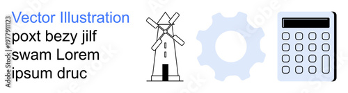 Renewable energy, sustainable design, technology, industrial processes, mathematics, calculation. Windmill, gear calculator in minimal style. Renewable energy and technology applications