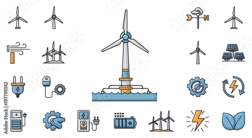 Renewable Energy Icons: Wind Turbines, Solar Panels, Battery, and More