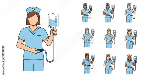 Diverse Nurses Holding IV Drip Bags - Medical Care and Healthcare Professionals Illustration