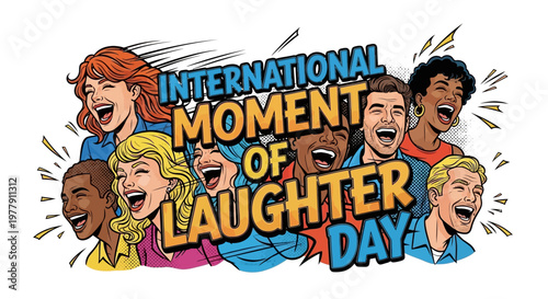 A cheerful vector illustration celebrating International Moment of Laughter Day featuring diverse people laughing together with positive emotions and expressions against a white background