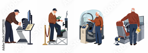 Collection of illustrations featuring a senior pilot visiting an aviation museum and interacting with various flight simulator exhibits.