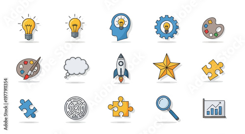 Creative Ideas Symbols Set: Lightbulb, Brain, Gear, Rocket, Puzzle, Paint Palette, Star