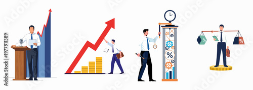 Conceptual Business and Financial Illustrations Set Showing Market Growth, Economic Policy, Interest Rate Adjustments, and Fiscal Balance in Flat Vector Style