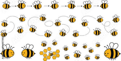 Large collection of cute cartoon honey bee vector illustrations featuring flying paths honeycomb patterns and swarms for nature and educational design projects.