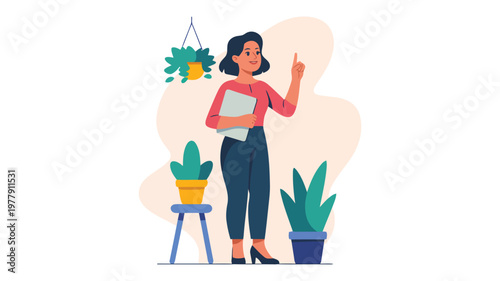 A cheerful female professional holding documents and gesturing upwards with a confident expression