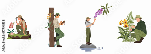 Set of Flat Vector Illustrations of Botanists and Explorers Studying Tropical Flowers, Orchids and Ferns in Nature.