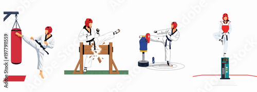 Collection of flat vector illustrations depicting various Taekwondo training sessions including kicking a punching bag, breaking boards, and balance exercises.