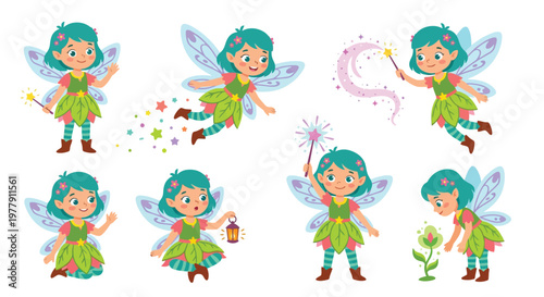 Charming cartoon fairies with magical wands and lights in various poses