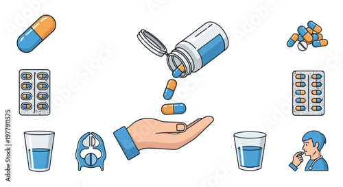 Medication And Healthcare Icons: Pills, Bottle, Hand, Water, Blisters