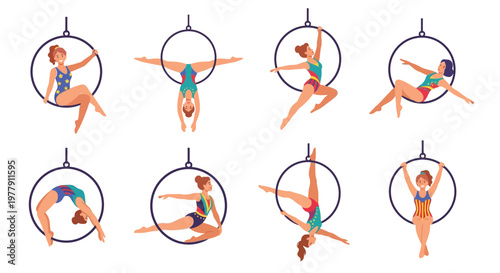 Aerialists performing various poses within suspended circular hoops