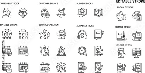 Comprehensive set of outline icons for customer service audible books and calendar scheduling featuring editable strokes for professional business and digital design.