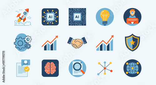Collection of AI and Technology Icons: Rocket, Chip, Brain, Lightbulb, Security, Data