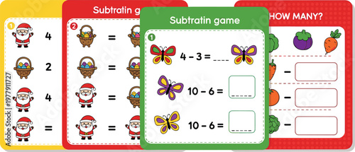 Kids Educational Math Subtraction Game Worksheet Featuring Cute Santa Claus Butterfly and Vegetable Illustrations for Preschool Learning Activity Pages.