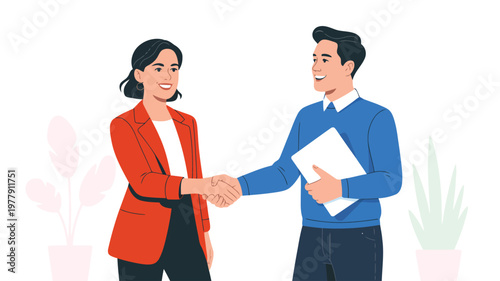 A diverse business man and woman smiling happily while shaking hands in a professional agreement