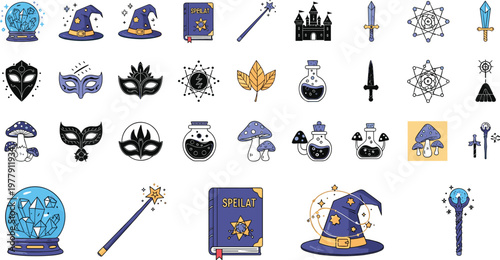 Collection of magic fantasy icons and mystical alchemy elements featuring wizard hats spell books crystal balls and magic wands for gaming.
