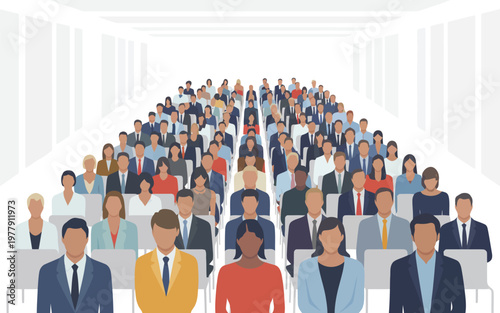 A diverse group of conference attendees sits in an auditorium, eagerly anticipating a presentation