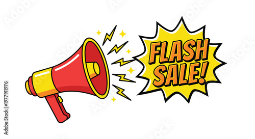 A colorful illustration of a megaphone announcing a flash sale event