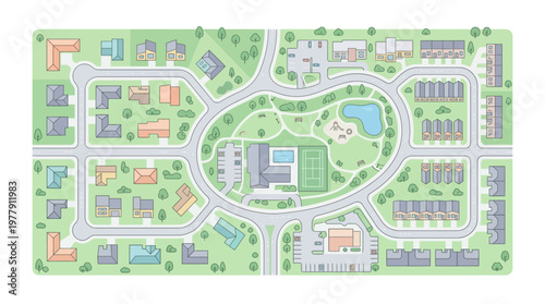 Aerial View Vector Map of Suburban Residential Neighborhood with Houses, Central Park, and Infrastructure