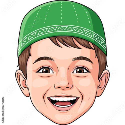 A young boy wearing a green hat smiles cheerfully outdoors