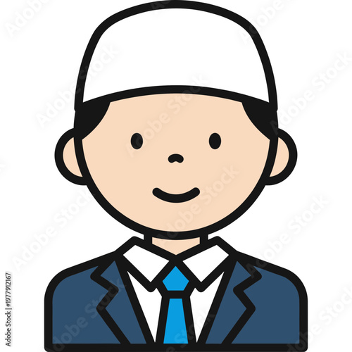 Illustration shows a smiling cartoon man wearing business attire and a cap.