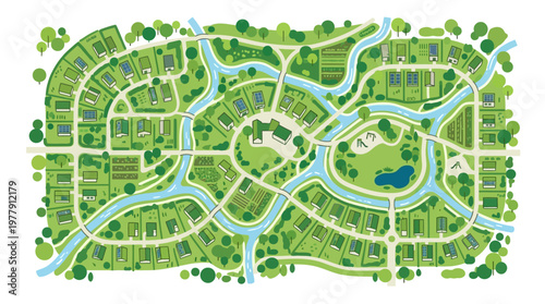 Sustainable Eco-Village Map Illustration: Green Neighborhood Planning with Solar Panels, Parks, Rivers, and Eco-Friendly Infrastructure
