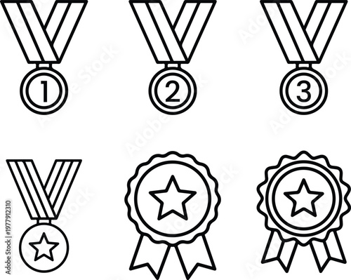 Minimalist award medal icon set, 6 black line vector illustrations of prize ribbons and trophies, achievement symbols for first second third place