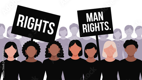 A diverse group of people stand together holding signs advocating for human rights and equality