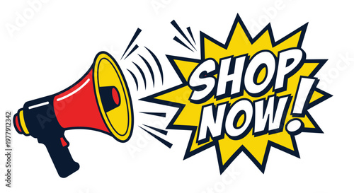 A red and yellow cartoon megaphone announces shop now