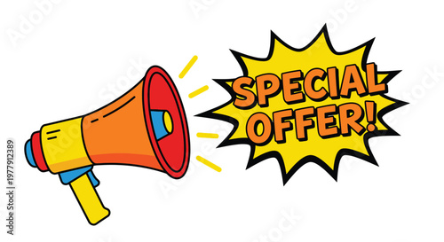 Cartoon megaphone announces a special offer with a starburst graphic