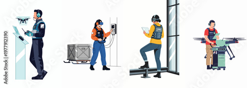 Illustration of diverse professionals operating advanced logistics technology, including drones, VR systems, and haptic gear in a modern industrial setting.