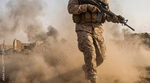 Tableau sur toile Unrecognizable soldier in combat uniform running through thick dust and smoke in a war zone