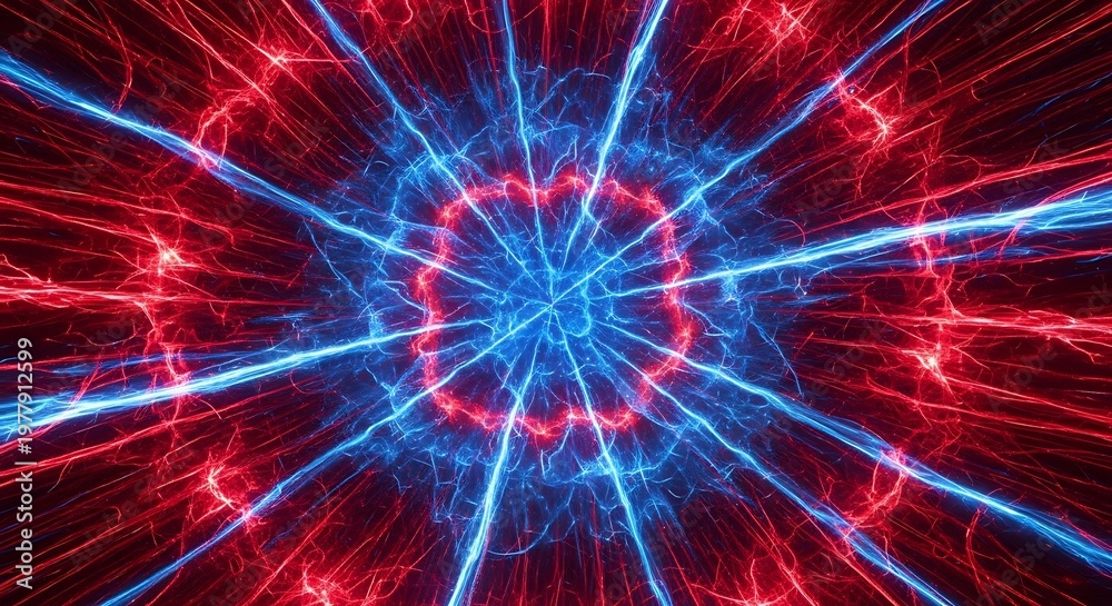 Fototapeta premium Vibrant red and blue light rays emanate from a central point creating a mesmerizing abstract pattern.