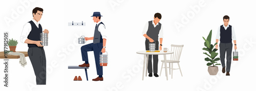 Set of flat vector illustrations showing a stylish man using and carrying a multi-tiered metal tiffin lunch box in various everyday scenes.