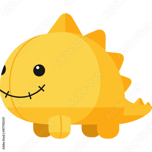 A cute yellow dinosaur toy with a smiling face is sitting on the ground