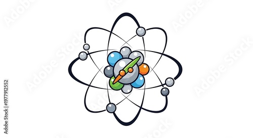 Atom illustration with orbiting electrons on white background