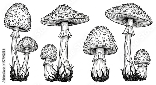 Detailed Line Art of Amanita Muscaria Mushrooms in Various Sizes.