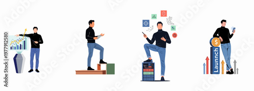 Four professional illustrations of a male entrepreneur analyzing data, stepping towards success, managing technology infrastructure, and celebrating a product launch.