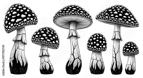 Detailed Black and White Illustration of a Group of Fly Agaric Mushrooms.