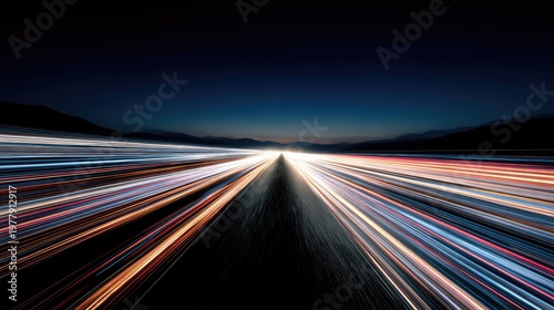 Dynamic light trails on a highway at night, showcasing vibrant colors and motion blur in the background