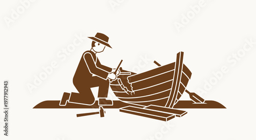 Man repairing a wooden boat.